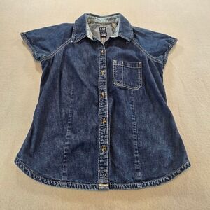 Gap Denim Shirt Women Small Dark Wash Blue Short Sleeve Button Up Cotton Casual